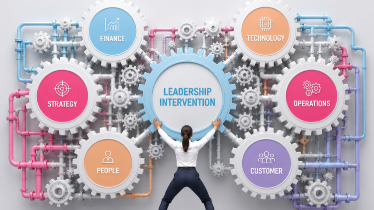 Leadership intervention connecting strategy, operations, finance, people, technology and customer